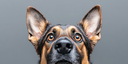 Adorable German Shepherd Dog with Expressive Eyes and Pricked Ears Against a Soft Gray Backgroundの素材