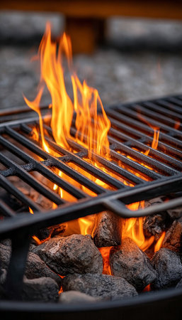 Vibrant Summer Barbecue Scene with Intense Amber Flames and Glowing Embers for Outdoor Cooking Funの素材