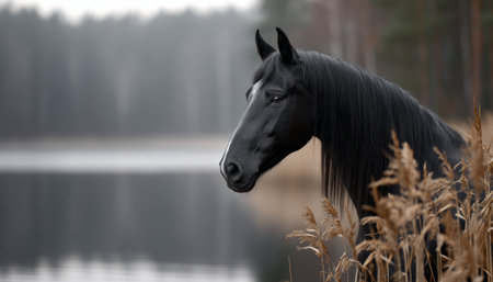 Majestic Friesian Horse Grazing Peacefully by Tranquil Lake Amidst Autumn Forest Vibrant Colorsの素材
