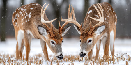 Two Majestic Whitetailed Bucks Grazing Peacefully in a Beautiful Winter Landscape with Fresh Snowの素材