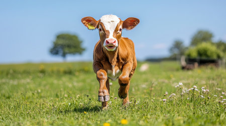 A Playful Hereford Calf Joyfully Running Through a Lush Green Meadow Under a Bright Sunny Skyの素材