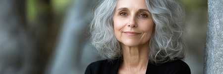 Elegant mature brunette woman poses outside, her captivating eyes reflecting calm and confidence.の素材