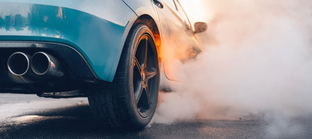 A powerful blue tuned auto performs an intense burnout, creating huge clouds of white tire smoke.の素材