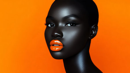 Portrait of Striking Ebony Model with Glossy Orange Lips Against Vibrant Backdrop, Fashion Beautyの素材