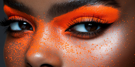Close Up of Black Woman s Striking Eyes Featuring Bold Neon Orange Makeup and Flawless Winged Linerの素材
