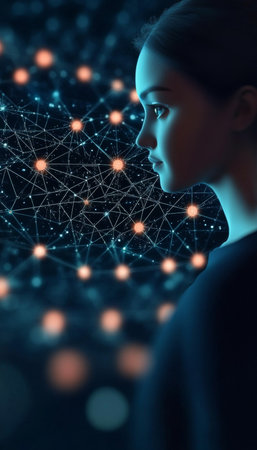 Futuristic Digital Woman with Neural Networks and AI, Surrounded by Abstract Technology Patternsの素材