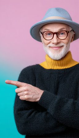 Joyful Senior Man in Hat and Retro Glasses Poses for Creative Fashion Advertisement Shootの素材