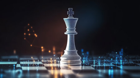 Strategic Digital Vision with Data Flow and Chess King on Board, Symbolizing Technological Powerの素材