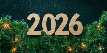 Rustic Wooden 2026 Surrounded by Evergreen Branches for a Festive New Year Celebration Backgroundの素材