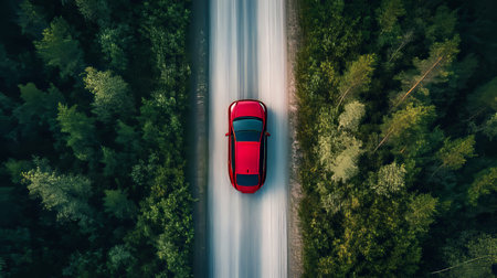 Aerial View of a Car Journeying Through Scenic Finnish Forests, Embracing Nature s Beautyの素材