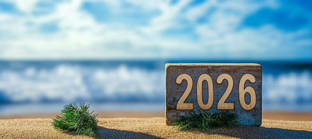 Vibrant Beach Celebration with Wooden 2026 Sign, Azure Skies, and Optimistic Travel Vibes Aheadの素材