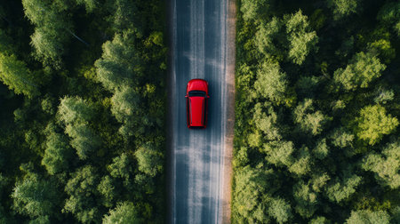 Aerial View of a Modern Car Parked in a Lush Green Forest, Perfect for Adventurous Travel Escapesの素材