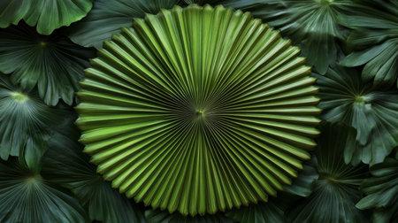 Radiant Circle of Green Tropical Palm Leaf Display Showcasing Nature s Exotic Umbrella Beautyの素材