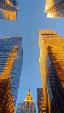 Stunning Golden Hour Cityscapes Urban Center Skyscrapers Reflecting Warm Light Against Blue Skiesの素材