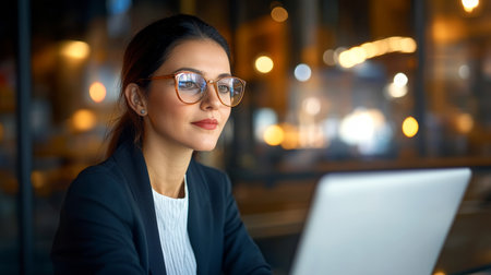 Professional woman in glasses using a device at home for educational coursework and entrepreneurshipの素材