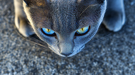 Elegant Russian Blue cat with silky fur and captivating yellow eyes posing against a grey backdrop.の素材