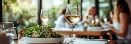 Elegant White Wine on a Table Surrounded by Fresh Salad, Fine Plate, and Utensils at a Restaurantの素材
