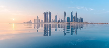 City Skyline at Sunset Skyscrapers Reflecting in Calm Ocean Waters of a Vibrant Metropolisの素材