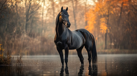 Majestic Friesian Stallion Standing Gracefully by a Tranquil Autumn Lake with Stunning Reflectionsの素材