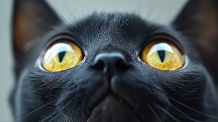 Intense gaze from a black Cornish Rex cat with captivating amber eyes against a soft white backdropの素材