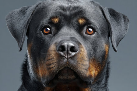 Majestic Rottweiler with Intense Gaze and Dark Markings, Ready for Action Against a Gray Backgroundの素材