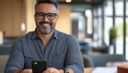 Modern and Joyful Concept of Handsome Man Using Mobile Phone in Bright Coworking Space Indoorsの素材