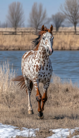 Beautiful Appaloosa Horse Freely Runs Across Lush Green Field with Unique Markings and Flowing Maneの素材