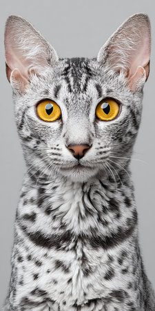 Elegant Egyptian Mau Cat with Striking Grey Spots and Big Yellow Eyes Staring Directly at Youの素材