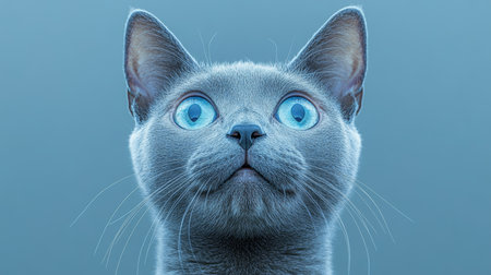 Close Up of a Russian Blue Cat with Bright Green Eyes and Soft Gray Fur on a Neutral Background.の素材