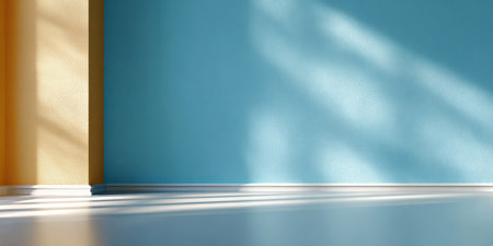 Peaceful Minimalist Interior with Pastel Blue Wall, Sunlight, and Shadows for Creative Design Useの素材