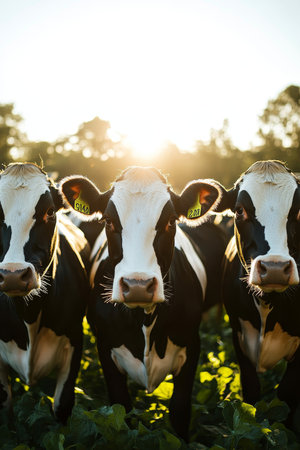 Dairy Cattle Grazing in a Sunny Meadow, Featuring Beautiful Holstein Markings Under Bright Blue Skyの素材
