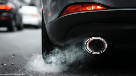 Automobile Exhaust Fumes Emitting from Cars in Urban Environment, Highlighting Pollution Issuesの素材