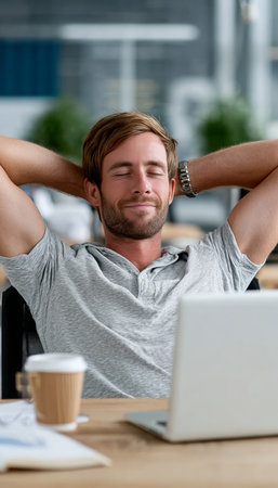 Confident businessman relaxing in a bright office, hands behind his head, looking satisfied.の素材