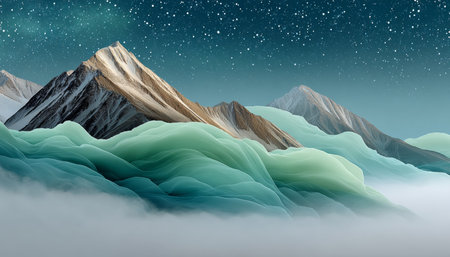 Majestic Dreamy Landscape with Layers of Mountains Under Northern Lights and Starry Sky Serenityの素材