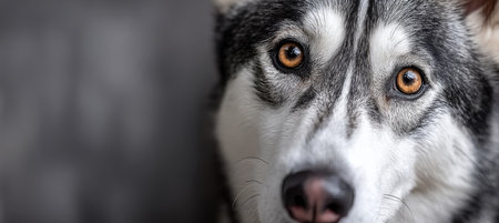 Majestic Siberian Husky Portrait with Striking Blue Eyes and Fluffy Fur in a Serene Natural Settingの素材