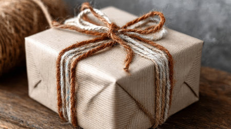 Rustic Charm of a Brown Paper Gift Wrapped with String, Emphasizing Sustainable Celebration Ideasの素材
