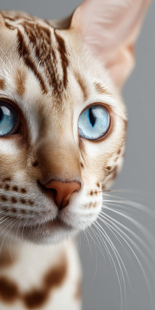 Charming Ocicat with Striking Spots and Captivating Blue Eyes Posed Elegantly in a Studio Settingの素材