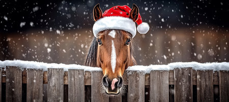 Playful Brown Horse Jumping Over a Snowy Fence Wearing a Santa Hat at a Winter Festival Celebrationの素材