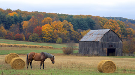 Haflinger Horse in Autumn Landscape with Old Barn and Hay Bales in Serene Rural Farmland Sceneの素材