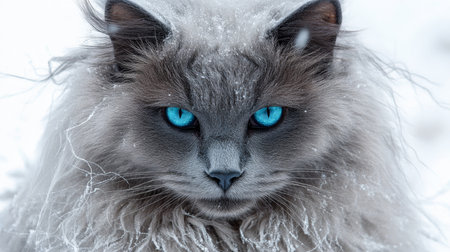Stunning LaPerm Cat Portrait with Intense Gaze, Piercing Blue Eyes, and Winter Wonderland Backdropの素材