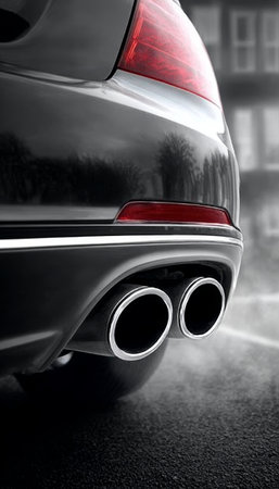 Sleek Black Car with Chrome Twin Exhausts, Showcasing Powerful Engineering and Modern Designの素材