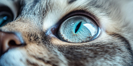 Adorable LaPerm Cat with Striking Blue Eyes and Unique Curly Fur, Set Against a Soft Gray Backgroundの素材