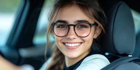 Confident Young Driver Exudes Joy and Anticipation Inside a Brand New Modern Car, Embracing Freedomの素材