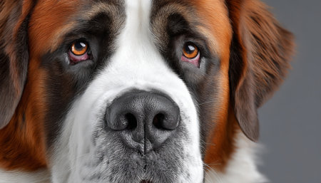 St. Bernard Dog Portrait with Expressive Eyes and Charming Looks on a Minimal Gray Backgroundの素材