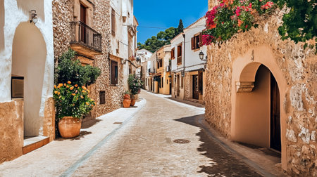 Charming Sunlit Cobblestone Street in Historic European Village with Flower-Lined Arched Doorwaysの素材