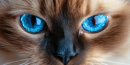 Close-Up Portrait of a Serene Ragdoll Cat with Striking Blue Eyes and a Peaceful Expressionの素材