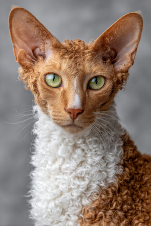 Charming LaPerm Cat with Curly Fur and Green Eyes Posing Elegantly Against a Clean Gray Backgroundの素材