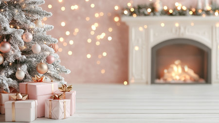 Elegant New Year Minimalism Decor Featuring Stacked Gifts Amidst a Glittering Christmas Fir Treeの素材