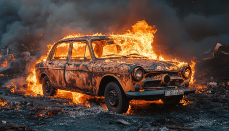 Abandoned vintage vehicle engulfed in flames on a deserted road, a haunting and captivating sight.の素材