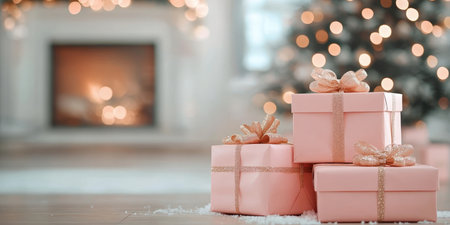 Charming Christmas Interior with Festive Fireplace and Pastel Gift Boxes for Holiday Celebrationsの素材